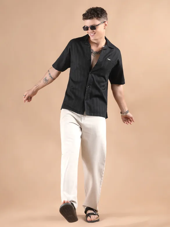 Black Half Sleeve Cuban Collar Shirt